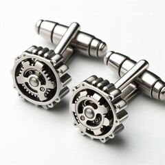 A pair of stainless steel cufflinks on white background