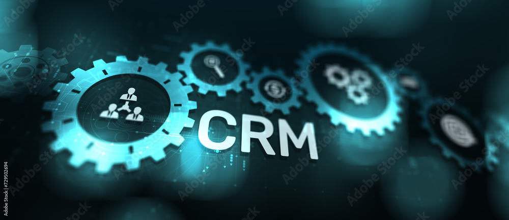 Poster crm - customer relationship management automation system software. business and technology concept.