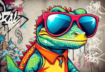 Funny colorful lizard with sunglasses, graffiti artwork style