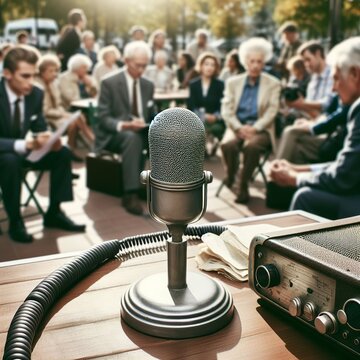An old microphone on an outdoor table is used for announcements for outside information