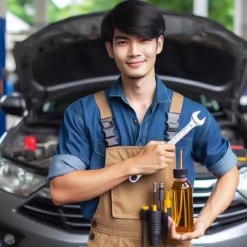 Asian car mechanic holds a wrench and a bottle of lure oil, ready to repair the car