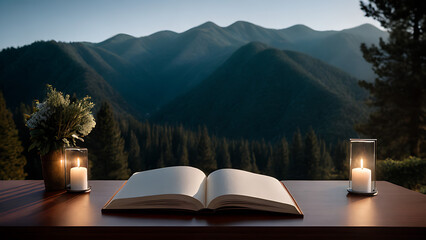 An open book on a background of a forest in the mountains, on the table there is a vase with a...