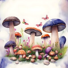 watercolor painting showcases a variety of mushrooms with vibrant caps and sturdy stems nestled among green foliage.