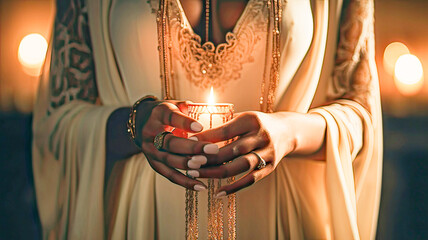 Unidentified Black woman in sacred tunic, holding candle, religious beads, Holy Week.