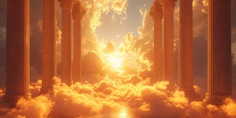 Poster Ethereal 3D Render Of Regal Columns Amidst A Golden Cloudscape. Сoncept Golden Cloudscape, Regal Columns, Ethereal 3D Render © Ян Заболотний