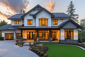 Beautiful modern farmhouse style luxury home exterior at twilight