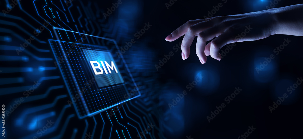 Poster bim building information modeling technology concept on virtual screen.