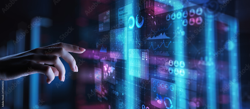 Poster business intelligence analyst dashboard on virtual screen. big data graphs charts.