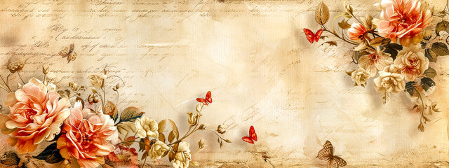 Elegant Vintage Floral and Butterfly Wallpaper - Antique Roses with Handwritten Script Background