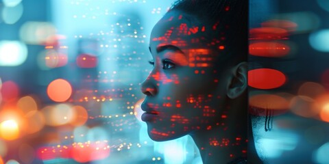 African Woman Explores A Futuristic City, Immersed In A Digital World. Сoncept Sci-Fi Adventures, Virtual Reality Exploration, Afrofuturism, Technological Marvels, Futuristic Cityscapes