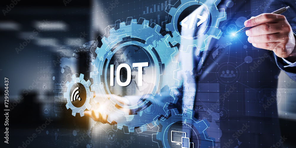 Poster iot internet of things digital transformation modern technology concept on virtual screen.