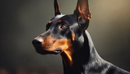 Portrait of Doberman Pinscher breed dog posing on dark background. Canine companion.