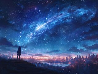 Obraz premium A person standing on a rooftop, looking up at a starry sky filled with shooting stars and city lights.