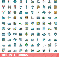 100 traffic icons set. Color line set of traffic vector icons thin line color flat on white