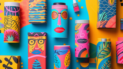 Cosmetic bottles with face cream on colorful background. 
