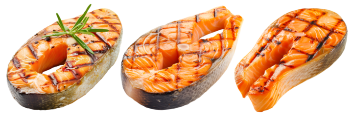 Set of different grilled salmon fillet isolated on a white or transparent background. Grilled seafood. Close-up of salmon or trout fillet with grill marks. BBQ season, design element. Side view