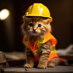 Kitten dressed in a construction safety vest and wearing a hard hat
