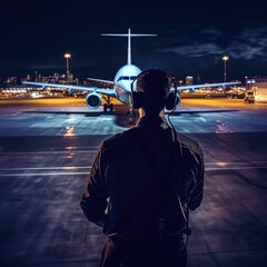 Male airport dispatcher wearing headphones standing his back to camera. Shiny airplane at backdrop. Night background - obrazy, fototapety, plakaty