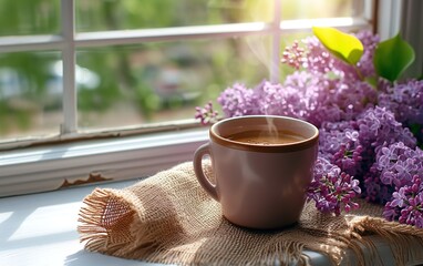 A hot cup of coffee on a windowsill next to fragrant lilac flowers as the sun glows through space, Generative AI.