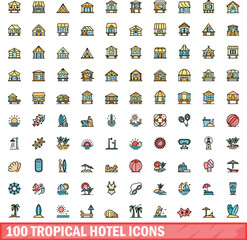 100 tropical hotel icons set. Color line set of tropical hotel vector icons thin line color flat on white