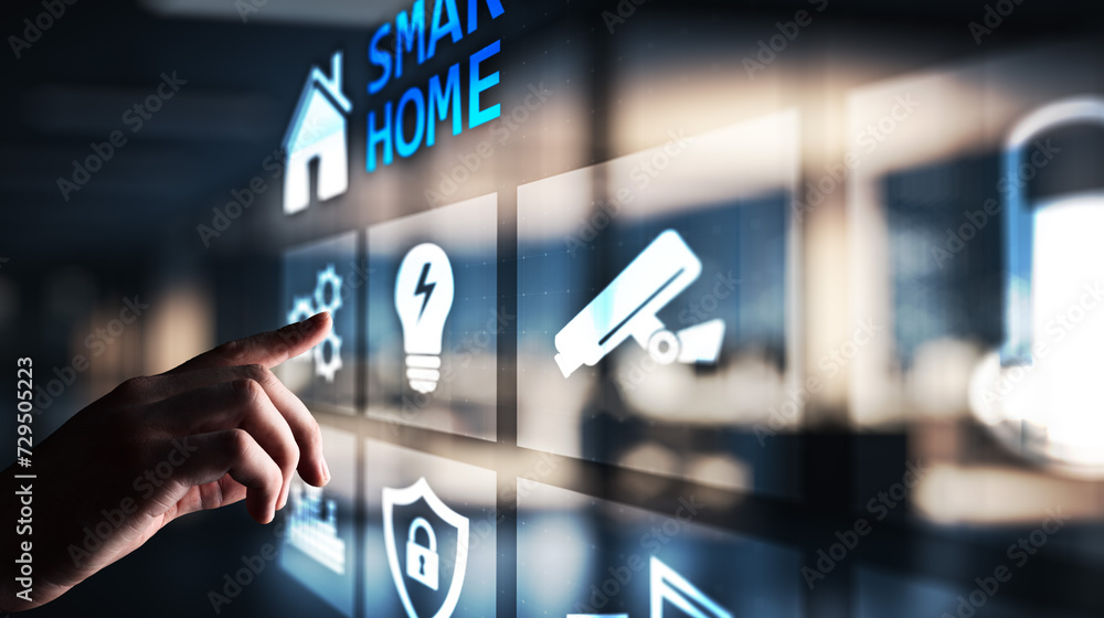 Poster smart home control panel on virtual screen. internet of things, iot, process automation concept.