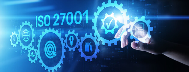 ISO 27001 Standard certification standardisation quality control concept on screen.