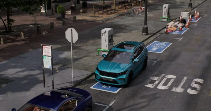 3D animation og generic electric vehicle charging at station dock point near parking lot. City street charging station provides an eco-friendly sustainable power supply for EV cars.