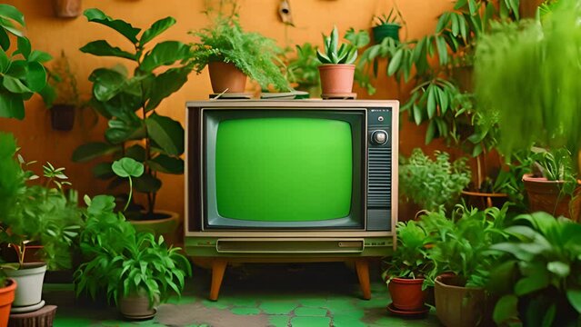 4k tv screen mockup, old vintage tv screen green screen, use key light effect, Vintage Television Set in retro living room with green plants and sparkling lights. Copy space