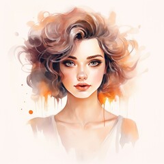 Watercolor romantic female illustration. A girl with big eyes