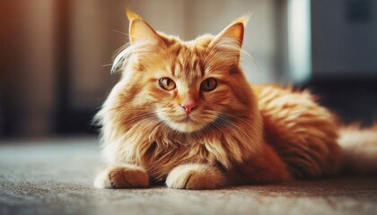 Cute red-haired fluffy cat lying on the floor at home. Adorable pet.