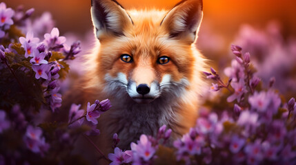 Close-up of red fox (Vulpes vulpes) among spring lilac flowers - obrazy, fototapety, plakaty
