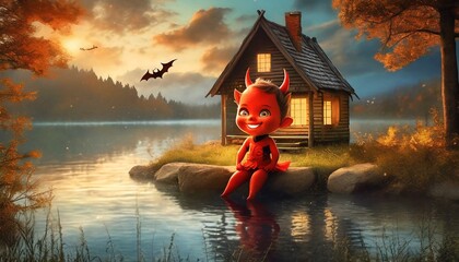 little devil by the lake - obrazy, fototapety, plakaty