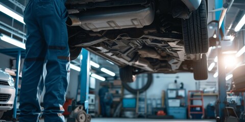 Mechanic Uses Advanced Equipment In Welllit Garage To Repair Car Efficiently. Сoncept Car Repairs, Advanced Equipment, Well-Lit Garage, Efficient Service