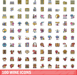 100 wine icons set. Color line set of wine vector icons thin line color flat on white