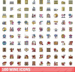 Fototapeta premium 100 wine icons set. Color line set of wine vector icons thin line color flat on white