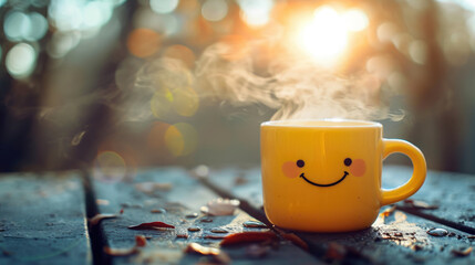 face smiling yellow cup with water, sun and heart hd jpg, in the style of blurred imagery, smokey background