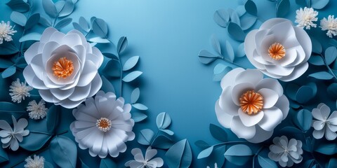 Stunning Paper Flowers On Blue Background, Ideal For Greeting Cards Or Customizable With Text. Сoncept Elegant Floral Greeting Cards, Personalized Paper Flower Art, Vibrant Blue Background
