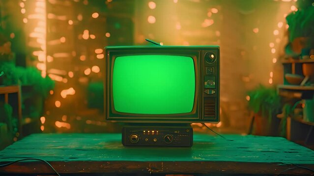 4k tv screen mockup, old vintage tv screen green screen, use key light effect, Vintage Television Set in retro living room with green plants and sparkling lights. Copy space