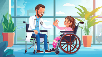 Obraz na płótnie Canvas Friendly pediatrician giving high five to little patient in wheelchair. Cute preschool girl in wheelchair greeting doctor in hospital.