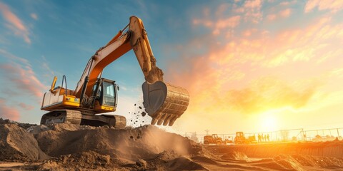 Powerful Excavator In Action At A Bustling Construction Site. Сoncept Underwater Coral Reef Exploration, Serene Mountain Scenery, Vibrant City Street Art, Majestic Wildlife Safari - obrazy, fototapety, plakaty