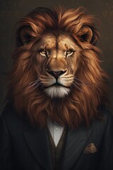 Dive into the World of Artistic Fusion - A Majestic Lion Dressed in Sophisticated Human Attire, A Unique Blend of Wildlife Majesty and Formal Fashion Elegance