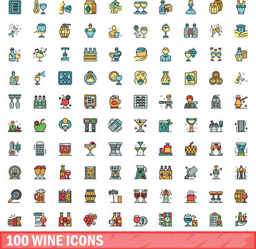 100 wine icons set. Color line set of wine vector icons thin line color flat on white