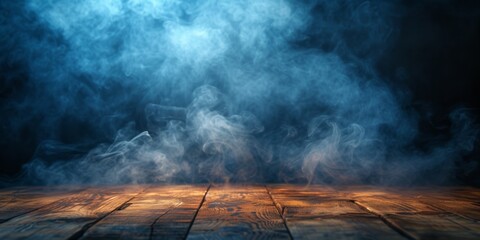 Smoke Billows From A Burning Wooden Table, Creating An Ominous Atmosphere. Сoncept Burning Wooden Table, Smoke Billows, Ominous Atmosphere - obrazy, fototapety, plakaty