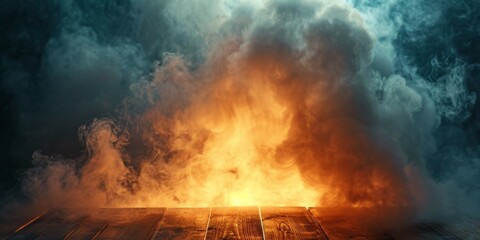 Eerie Atmosphere Created As Flames Engulf Wooden Table. Сoncept Nature-Inspired Artwork, Dramatic Landscapes, Abstract Photography, Urban Street Scenes, Macro Close-Ups - obrazy, fototapety, plakaty