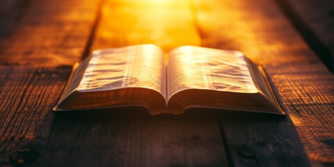 A Closeup Shot Of An Open Bible, Bathed In The Radiant Glow Of Sunset. Сoncept Nature-Inspired Portraits, Serene Landscapes, Candid Moments, Artistic Reflections