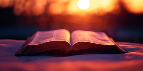 Sunset Glow Illuminates Open Bible In A Closeup Shot, Horizontal Orientation. Сoncept Sunset Glow, Open Bible, Closeup Shot, Horizontal Orientation - obrazy, fototapety, plakaty