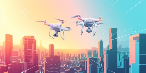Techinfused Delivery Drones Soar Above Cityscape In Modern, Vibrant Artwork. Сoncept Drone Delivery, Cityscape Artwork, Tech-Infused Art, Modern Art, Vibrant Colors