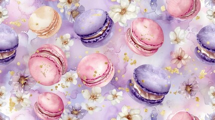 Enchanted garden seamless pattern, afternoon tea macarons, small flowers, hint of gold, watercolor painting style