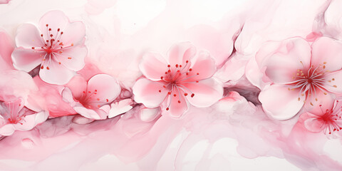 Magnolia petals banner. Abstract liquid fluid watercolor painting texture, cherry blossom flowers swirls light pink color palette. Digital illustration