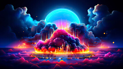 Glowing neon ring and illuminated thunder cloud spins and rotates endlessly. Abstract round frame, laser line in the sky